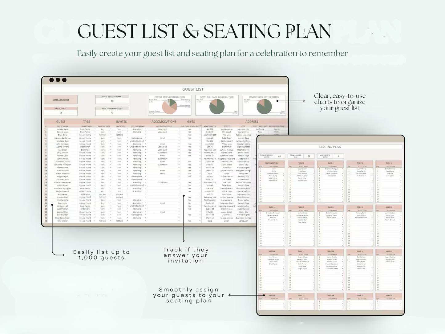 guest list with seating plans for over 100 guests plus