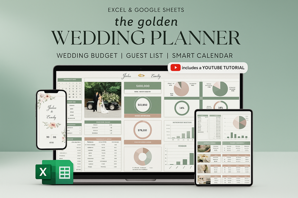 Wedding planner software with budget, guest list, and calendar on a computer screen.