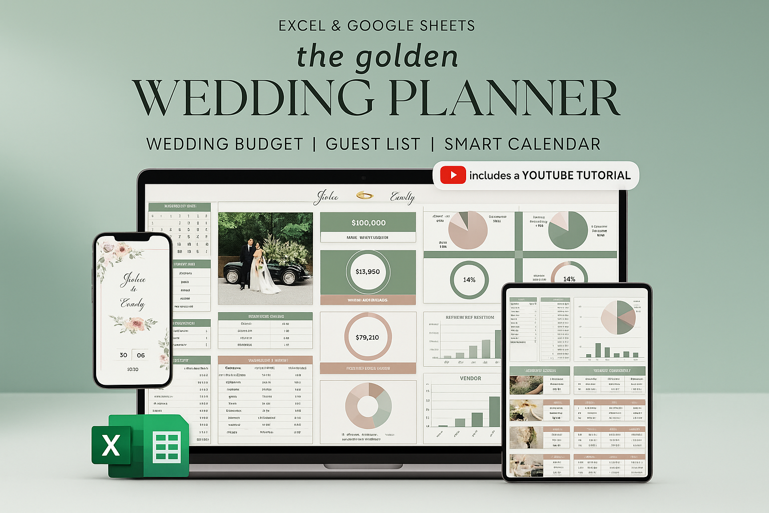 Wedding planner software with budget, guest list, and calendar on a computer screen.
